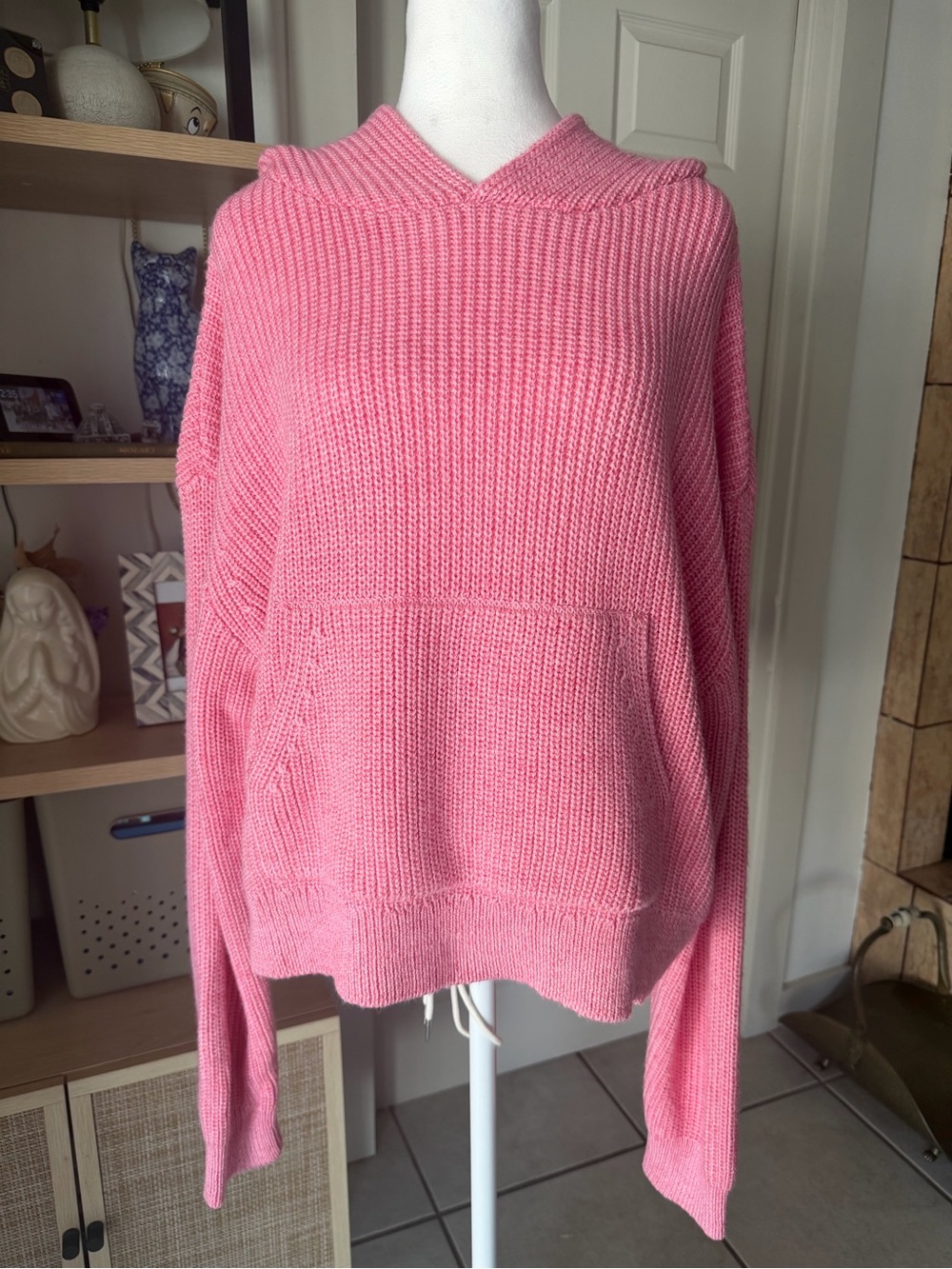Rezith Blush Pink Chunky Knit Hoodie Sweater Wool Blend oversized SZ S